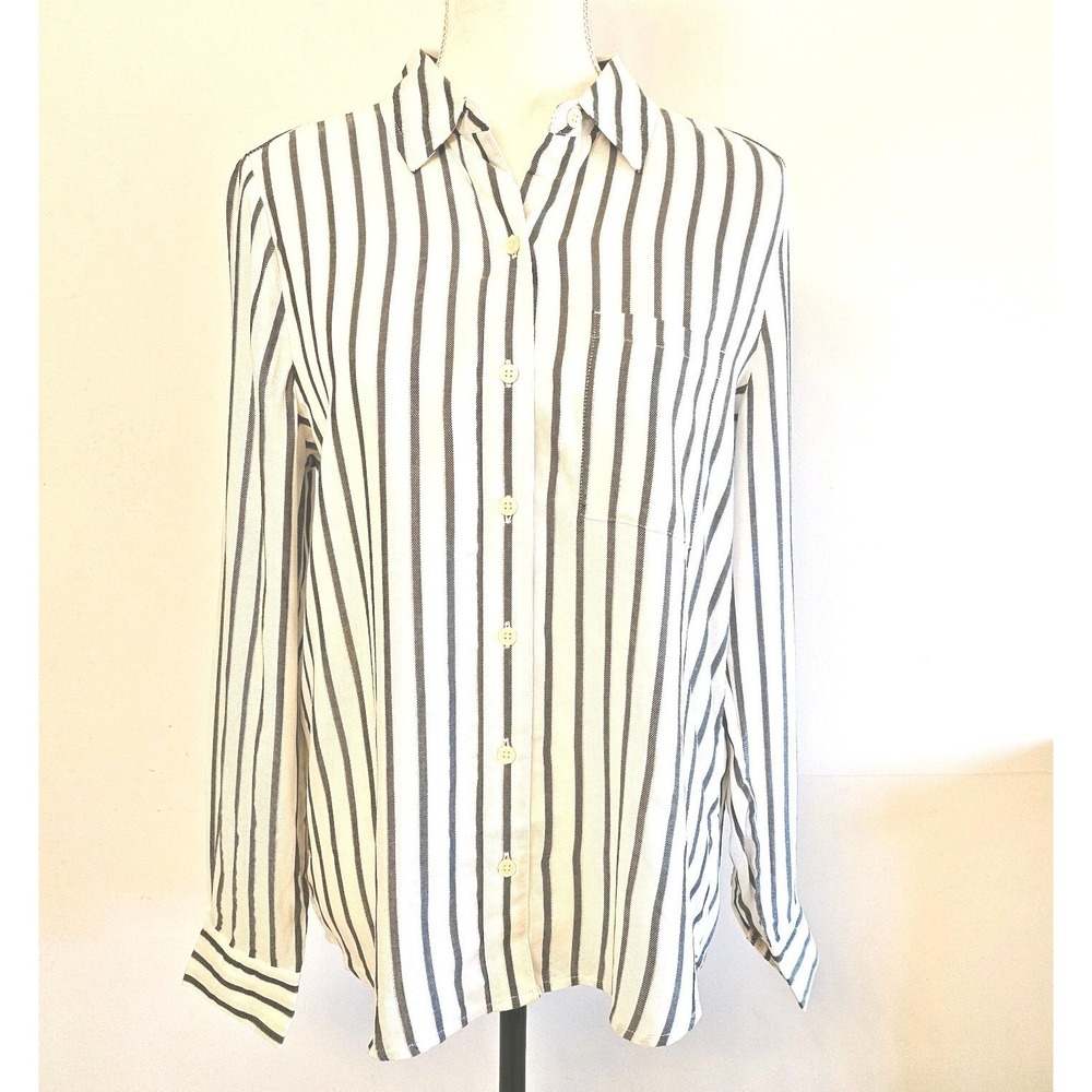 Style & Co Gray And White Silver Sparkle Striped Button Front Shirt Size S